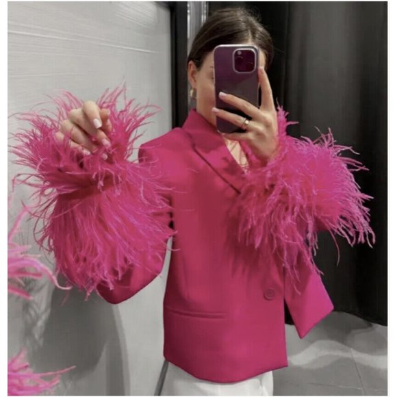ZARA FUCHSIA SHORT FEATHER BLAZER JACKET XS S M NWT - Picture 3 of 11